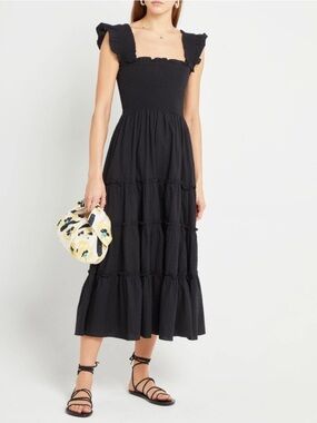 KOURT Black Smocked Midi Dress with Ruffle Straps
